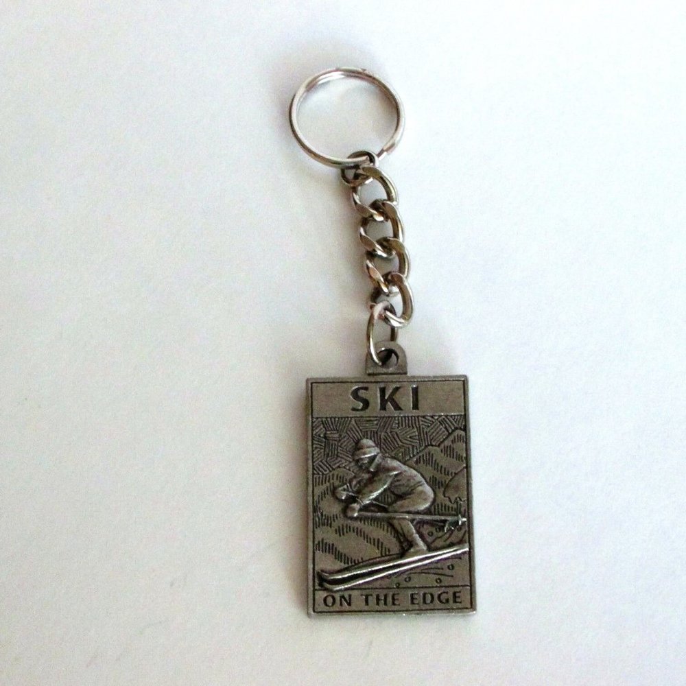 Vintage SKI ON THE EDGE SEAGULL PEWTER Key Ring Keychain 1997